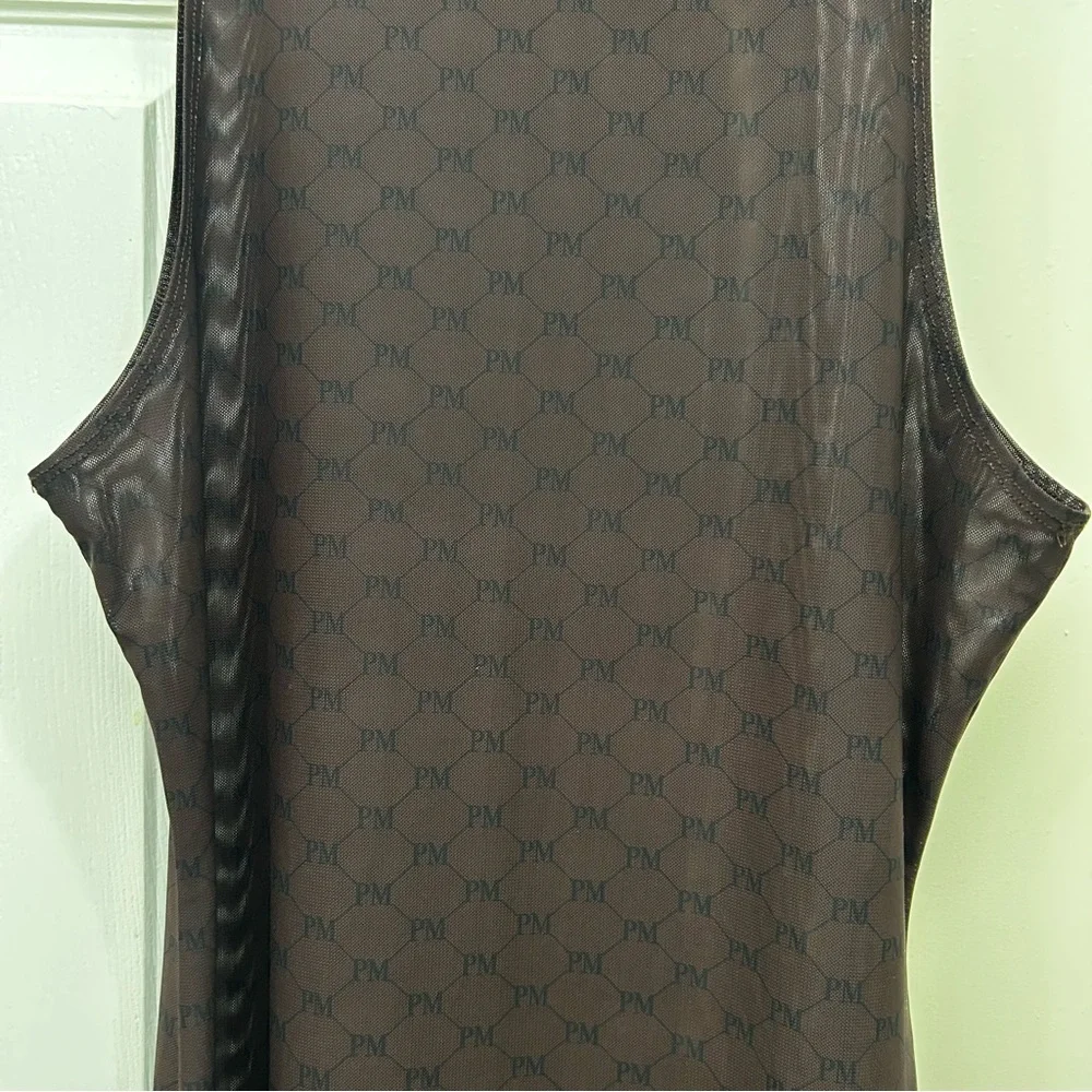 Peppermayo Brown w/ Black Signature Logo Sheer Maxi Sleeveless Dress Size 8